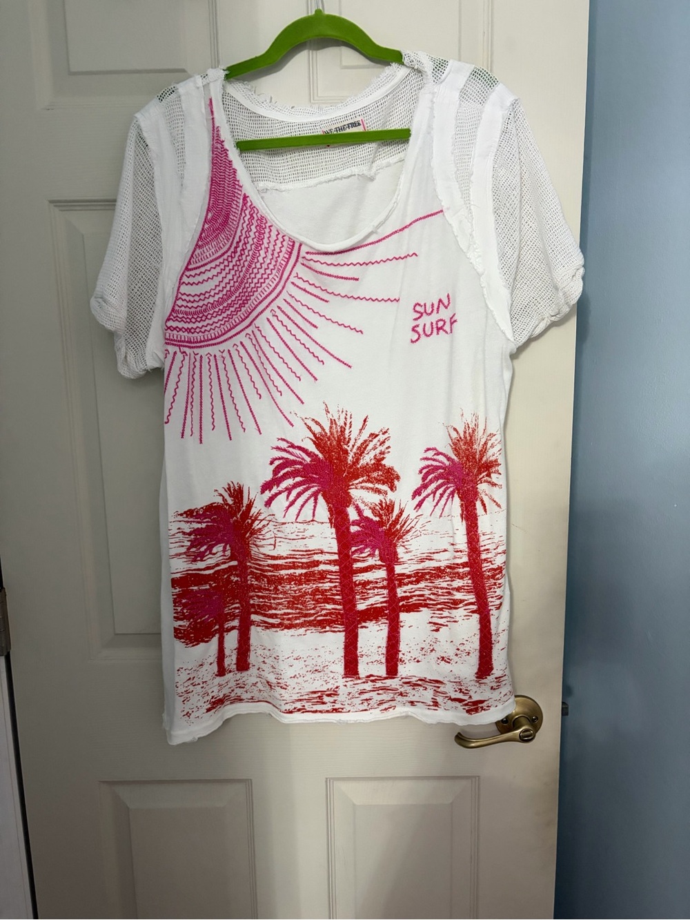 We The Free White Tee with Pink & Red Palm Print